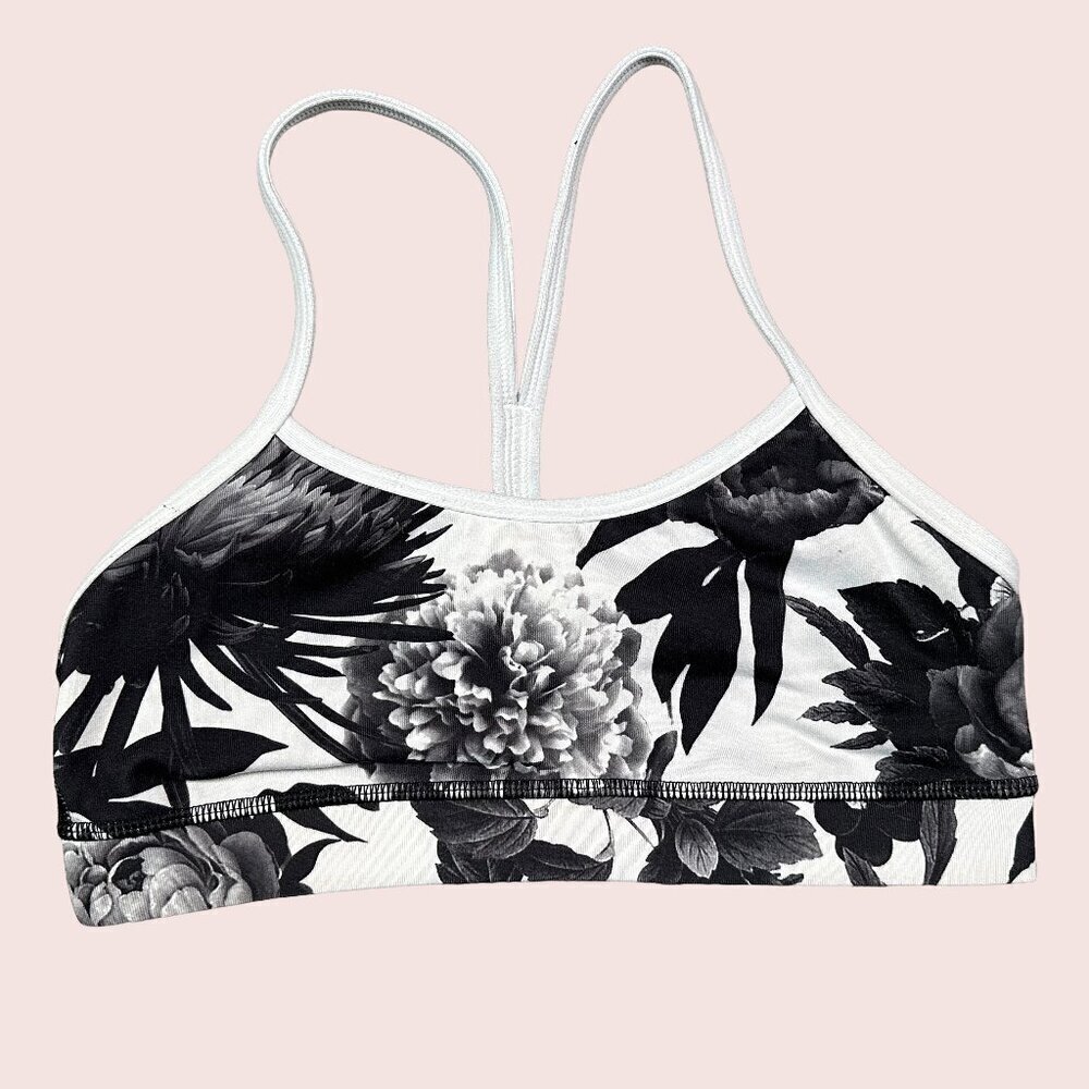 Lululemon Flow Y Bra IV Brisk Bloom Black White Floral Sports Bra Size 4